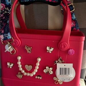 Pink Handbag with Floral Strap and Embellishments